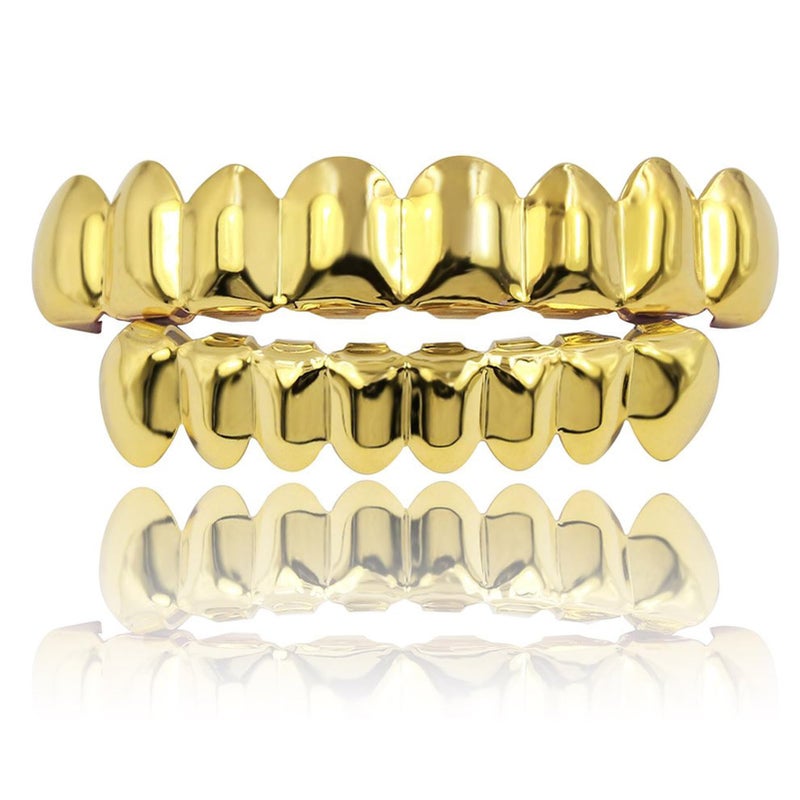 JINAO Grillz Teeth Men - Grills for Your Teeth 8 Top & Bottom Set, 18K Gold-Plated Brass Dental Grills with Molding Bars, Unisex Hip-Hop Rapper Costume Accessory(Golden Set) - Image 1